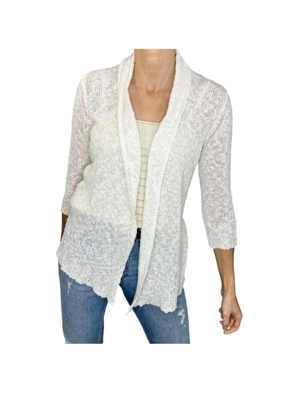 Open front white lightweight knit 3/4 length sleeve cardigan sweater